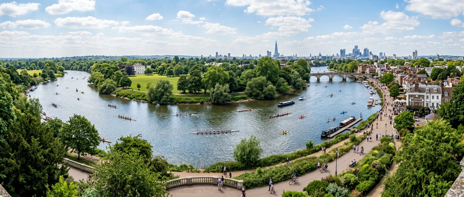 Panoramic view of the River Thames in southwest London near Twickenham and Richmond, with green parkland, riverside paths, rowing boats, and the London skyline visible in the distance