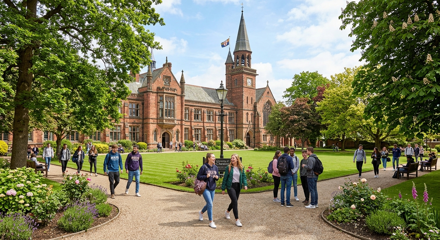 University of Chester Exton Park campus, Victorian Old College building with chapel tower, green quadrangle, students walking on pathways, mature trees, English garden setting