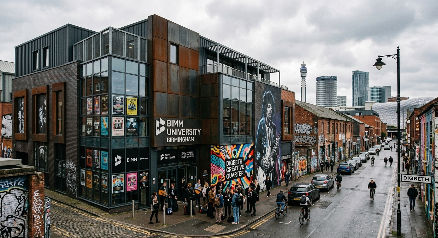 BIMM University Birmingham campus exterior on Floodgate Street in the Digbeth creative quarter, modern industrial-style building with music posters, urban street art, and Birmingham city skyline in background under overcast British sky