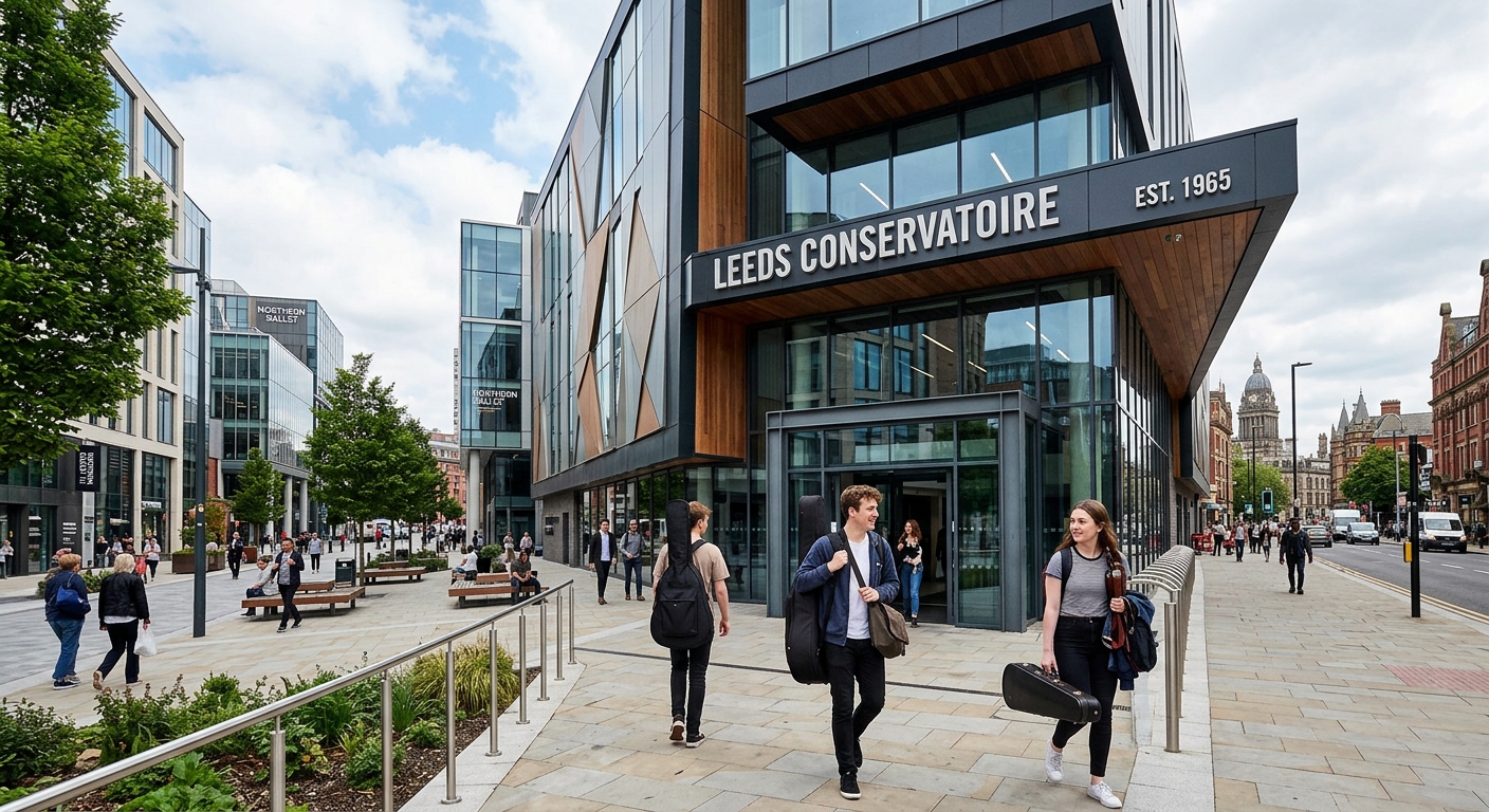 Leeds Conservatoire modern building exterior in Leeds city centre, with students carrying instrument cases walking through the entrance, vibrant urban cultural quarter setting with contemporary architecture