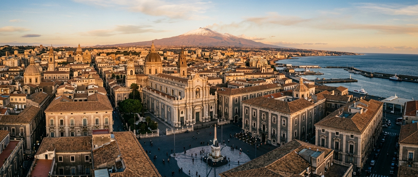 Panoramic view of Catania cityscape with Baroque architecture, Piazza del Duomo with the Elephant Fountain, Mount Etna snow-capped in the background, Ionian Sea coastline, golden hour lighting