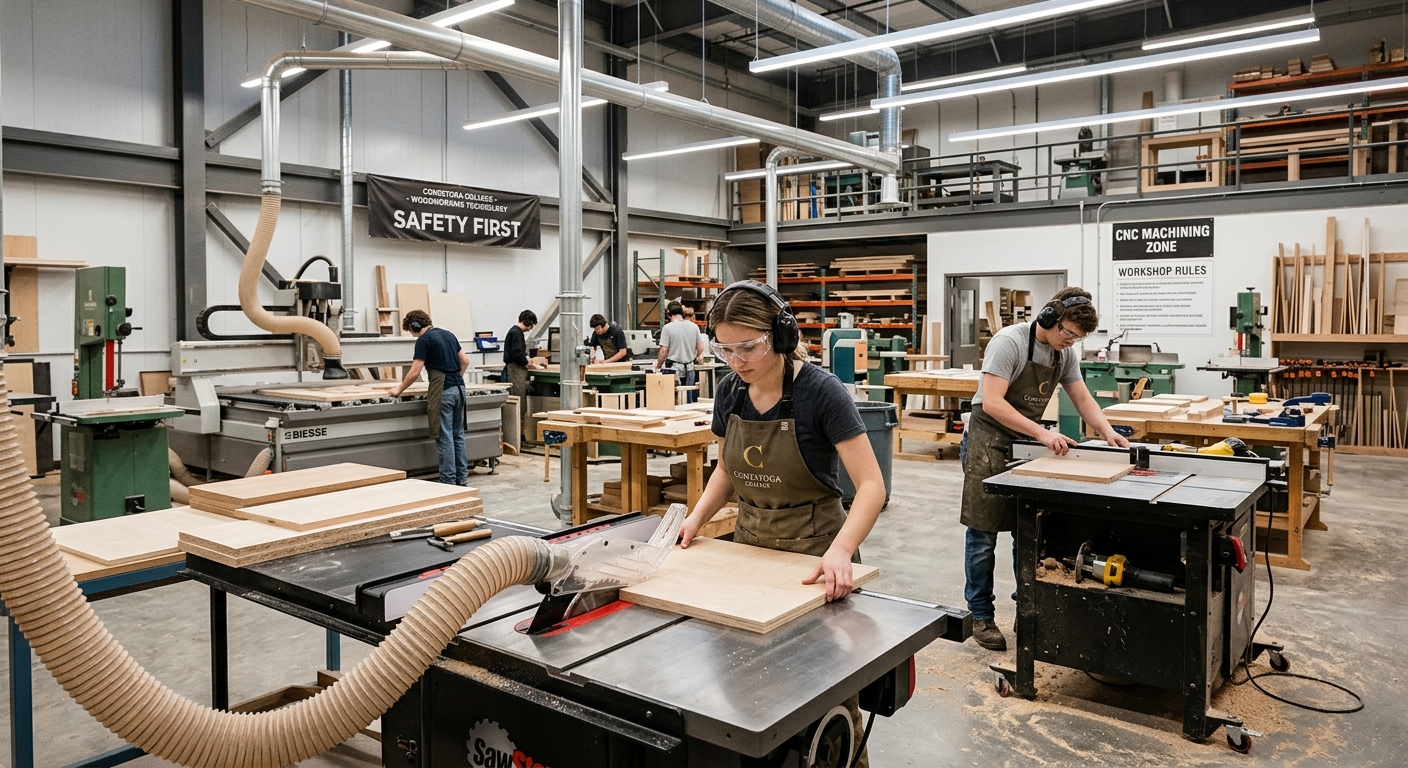 Spacious woodworking workshop with industrial machinery, CNC equipment, and wood panels, students wearing safety goggles operating table saws and routers under bright overhead lighting at Conestoga College