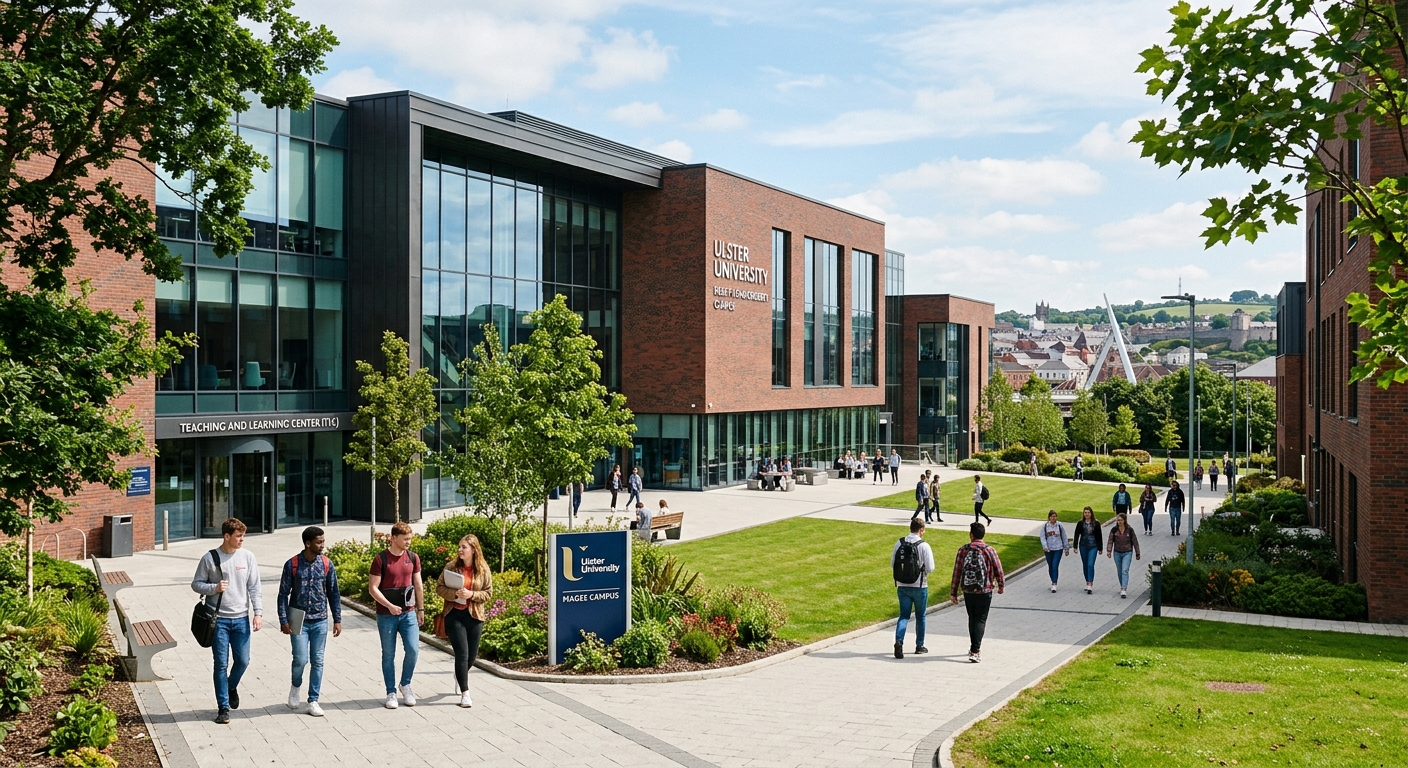 Modern Ulster University Derry-Londonderry campus building with students walking through the courtyard, green landscaped grounds, contemporary glass and brick architecture, Northern Ireland setting