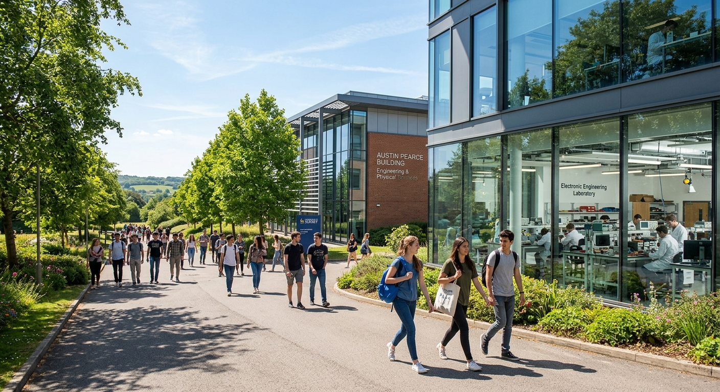 University of Surrey Guildford campus with modern engineering building, students walking along tree-lined pathways, electronic engineering laboratory visible through glass windows, bright sunny day in Surrey England