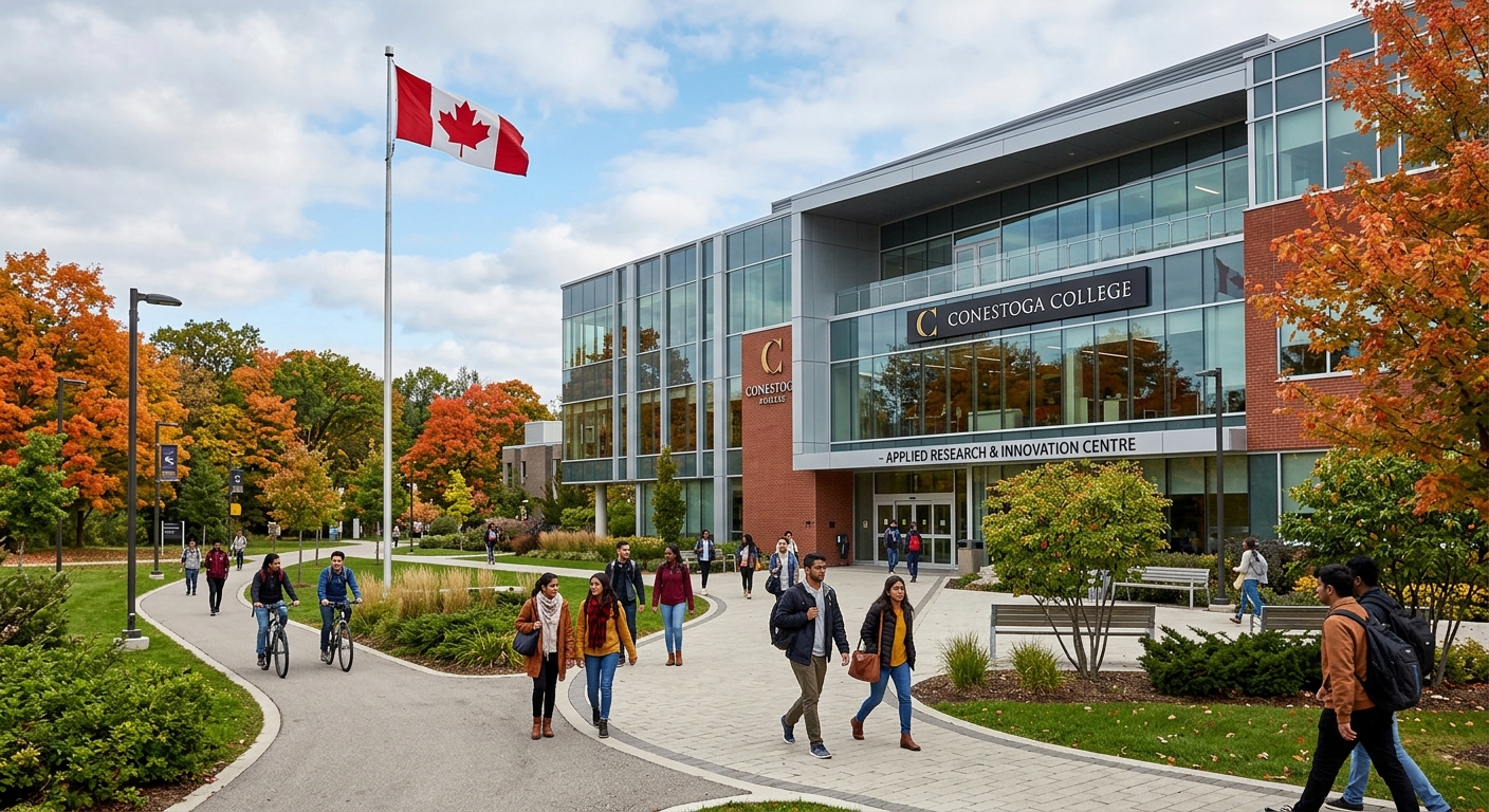 Modern college campus building at Conestoga College in Kitchener Ontario, students walking along pathways with green landscaping, contemporary architecture with glass facades, Canadian flag visible, autumn foliage in background