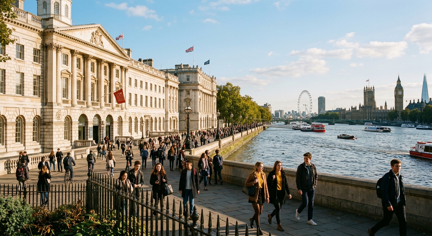 Historic Strand Campus of King's College London with neoclassical architecture, students walking along the Thames embankment, London skyline visible in the background with Big Ben and the London Eye, warm afternoon light