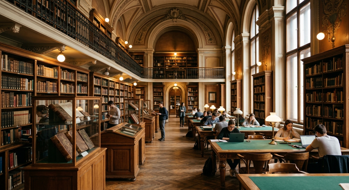 ELTE University Library interior, rows of bookshelves, reading areas with students, historic book collections, warm lighting in a classical building
