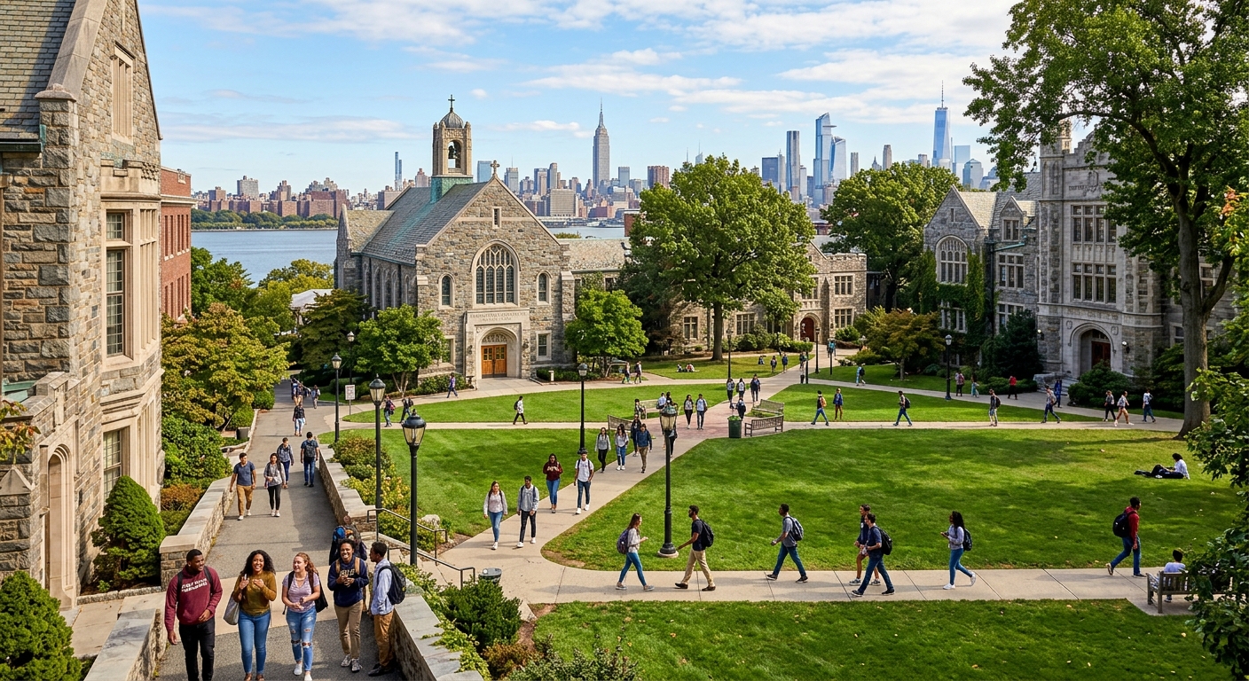 Manhattan University campus in Riverdale, New York with historic stone buildings, green quad, and the New York City skyline visible in the background, students walking between academic buildings on a sunny day