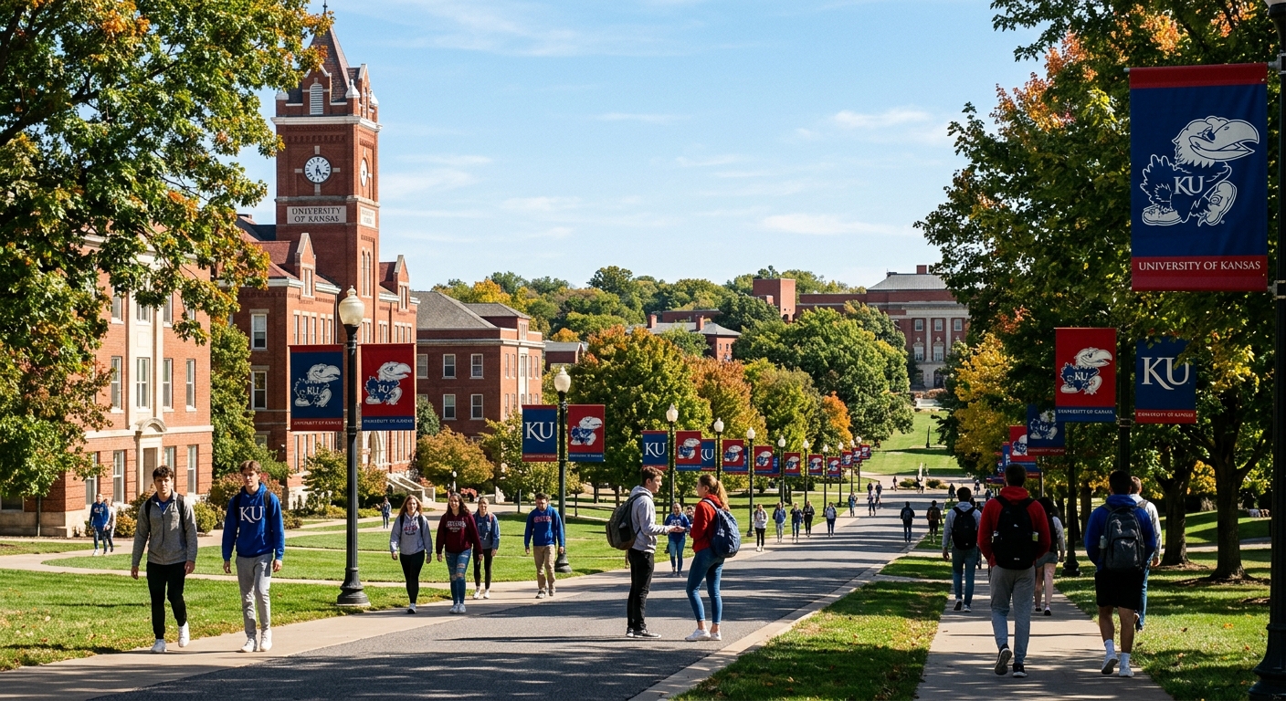 University of Kansas campus in Lawrence with red brick buildings, green lawns, and Jayhawk mascot banners, students walking along tree-lined pathways under a clear blue sky