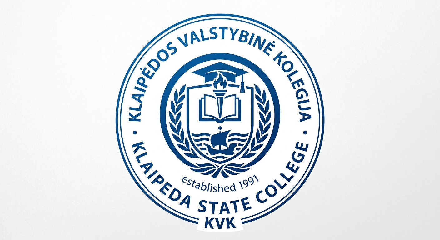 Klaipeda State College KVK official logo, blue and white color scheme with stylized academic emblem and text Klaipedos valstybine kolegija