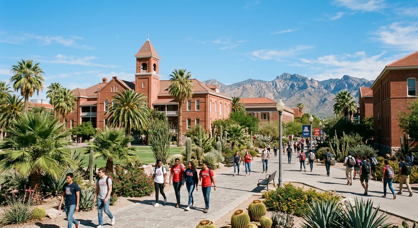 University of Arizona campus in Tucson with desert landscape, red brick buildings, palm trees, and students walking along pathways under clear blue Arizona sky with mountain ranges in the background