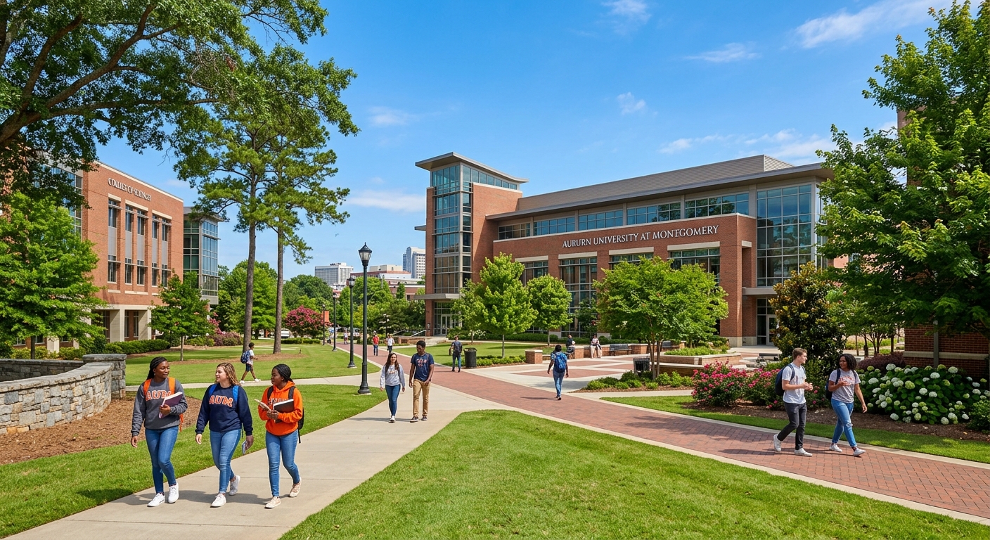 Auburn University at Montgomery campus with modern academic buildings surrounded by green trees, students walking along pathways, clear blue sky over Montgomery Alabama