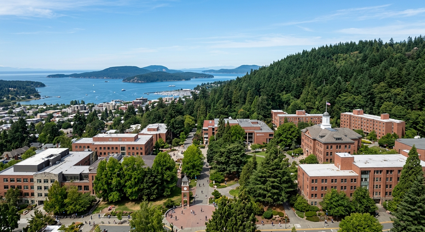 Western Washington University campus wide shot showing red brick buildings nestled against the forested Sehome Hill with Bellingham Bay and San Juan Islands visible in the background under clear Pacific Northwest skies