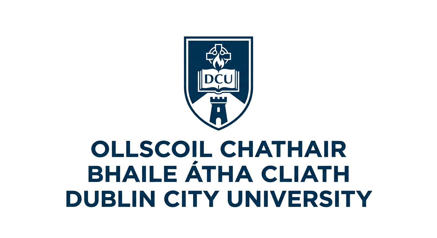 Dublin City University DCU official logo, blue shield emblem with university name in English and Irish, clean white background
