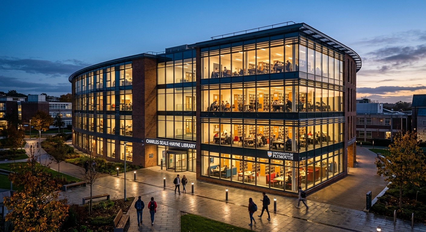 The Charles Seale-Hayne Library at the University of Plymouth, a modern multi-storey building with large windows, students studying inside, lit warmly at dusk