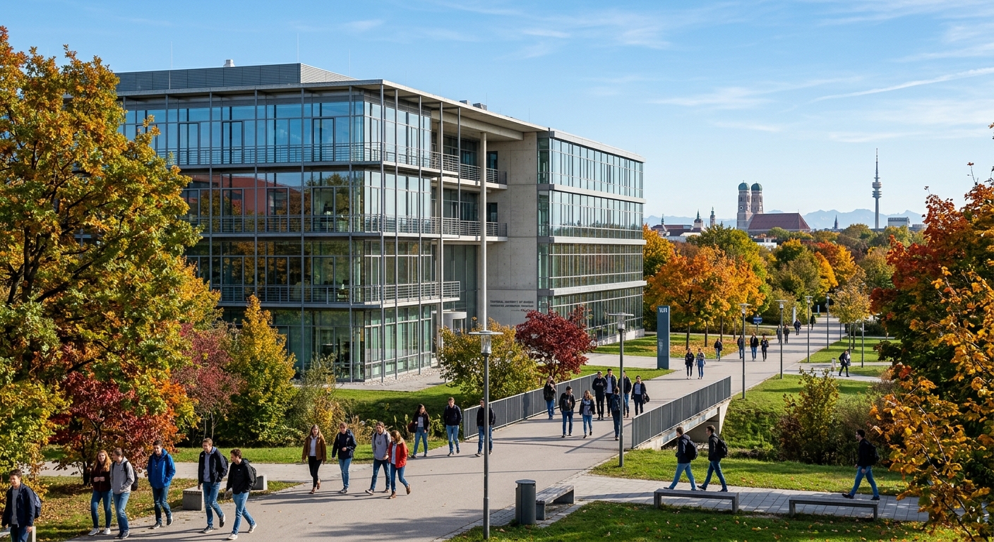 Modern campus building at Technical University of Munich with glass facade, students walking on pathways, autumn trees, Munich skyline in background, clear blue sky