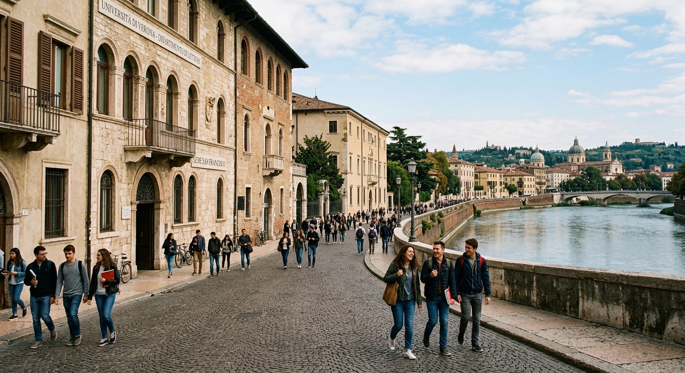 Veronetta campus historic buildings along the Adige River in Verona, stone facades with arched windows, cobblestone streets, students walking between departments