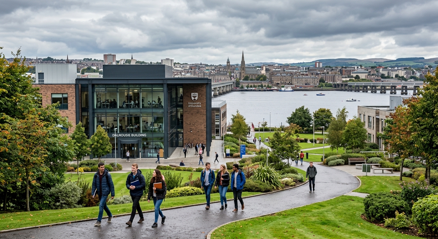 University of Dundee campus with modern engineering building, students walking along pathways near the River Tay, Scottish cityscape in background, overcast sky with green landscaped grounds