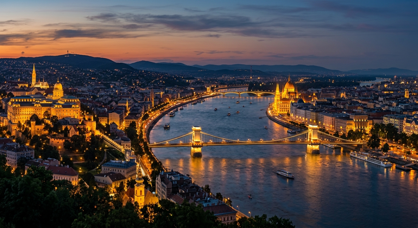 Budapest panoramic cityscape at dusk, Danube River flowing between Buda hills and Pest flatlands, Chain Bridge illuminated, Parliament Building glowing, warm evening lights reflecting on water