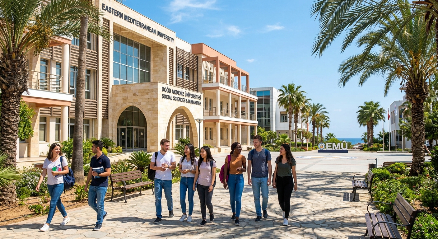 Modern university campus building in Famagusta, Northern Cyprus, with Mediterranean architecture, palm trees, international students walking on sunlit pathways, blue sky background
