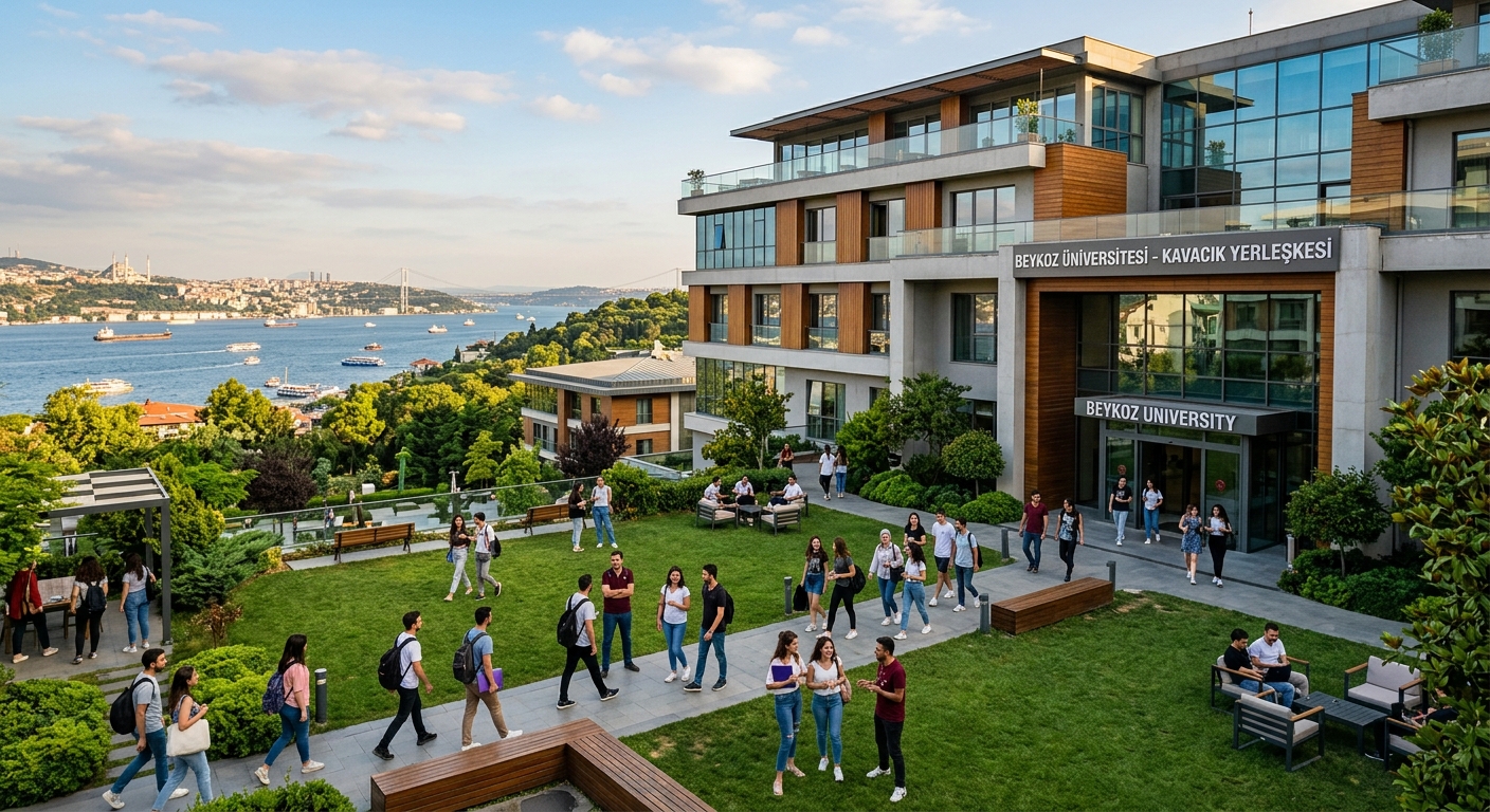 Modern university campus building at Beykoz University Kavacik Campus in Istanbul Turkey, with students walking through green courtyards, contemporary architecture, Bosphorus views in the background, warm afternoon light