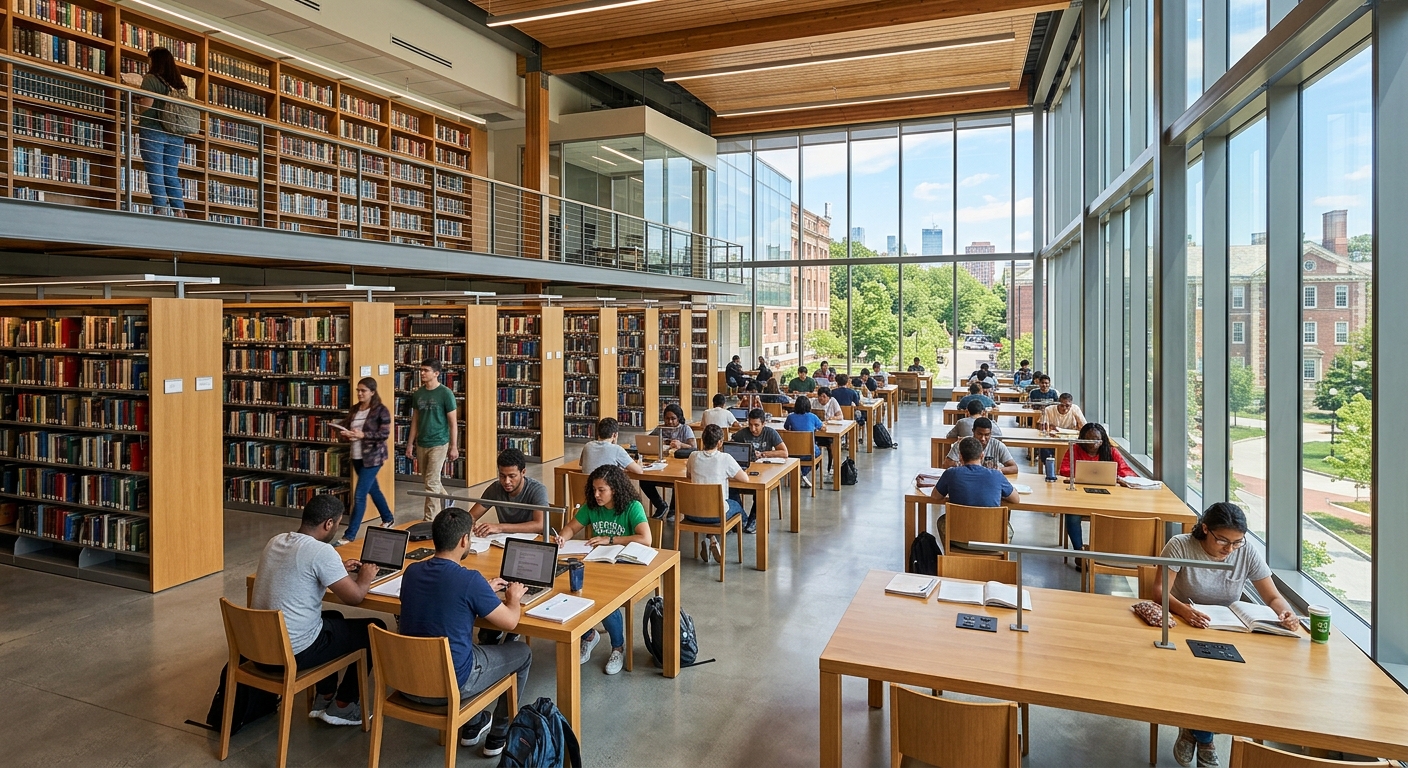 O'Malley Library at Manhattan University, modern interior with students studying at tables, bookshelves and large windows with natural light