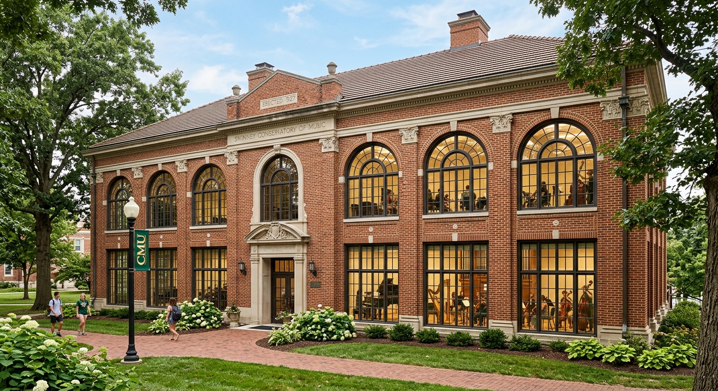 Swinney Conservatory of Music at Central Methodist University, elegant 1927 brick building with arched windows, musical instruments visible through windows