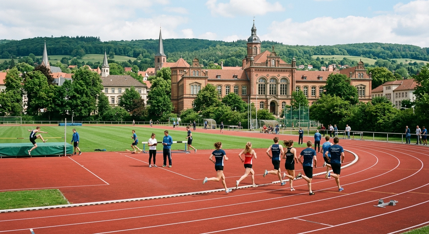 University of Göttingen sports science campus with students practicing athletics on an outdoor track field, historic university buildings in the background, green Lower Saxony landscape, bright daylight
