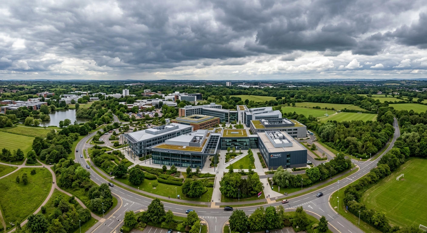 Aerial view of Warwick Manufacturing Group buildings on the University of Warwick campus, modern architecture surrounded by green parkland, Coventry, England, overcast sky with dramatic clouds
