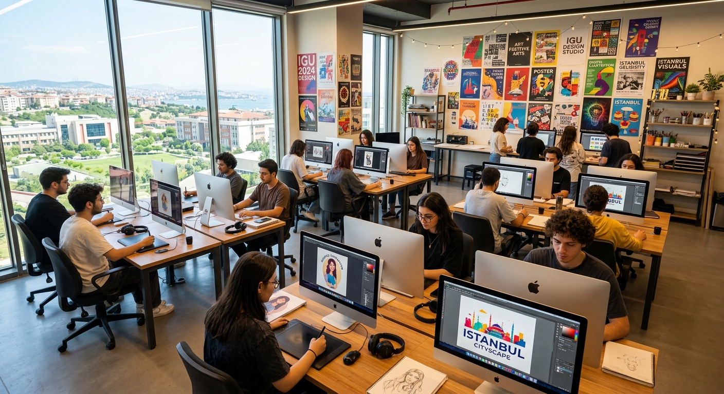 Modern graphic design studio at Istanbul Gelisim University with students working on digital illustration projects at iMac workstations, colorful design posters on walls, large windows overlooking the Istanbul campus, creative and vibrant atmosphere