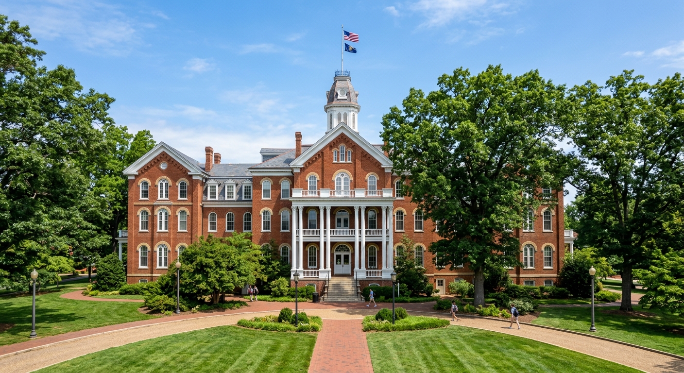 Randolph College Main Hall, a historic red brick building with white columns and arched windows, surrounded by mature oak trees and green lawns, clear blue sky