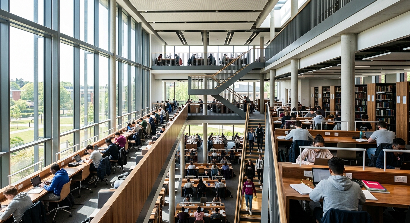 Loughborough University Pilkington Library interior with students studying at modern workstations across four floors with natural light streaming through large windows