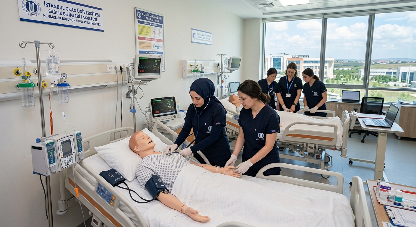 Modern Istanbul Okan University Tuzla campus health sciences building with nursing students in clinical simulation lab, bright interior, medical equipment visible, Turkish university setting