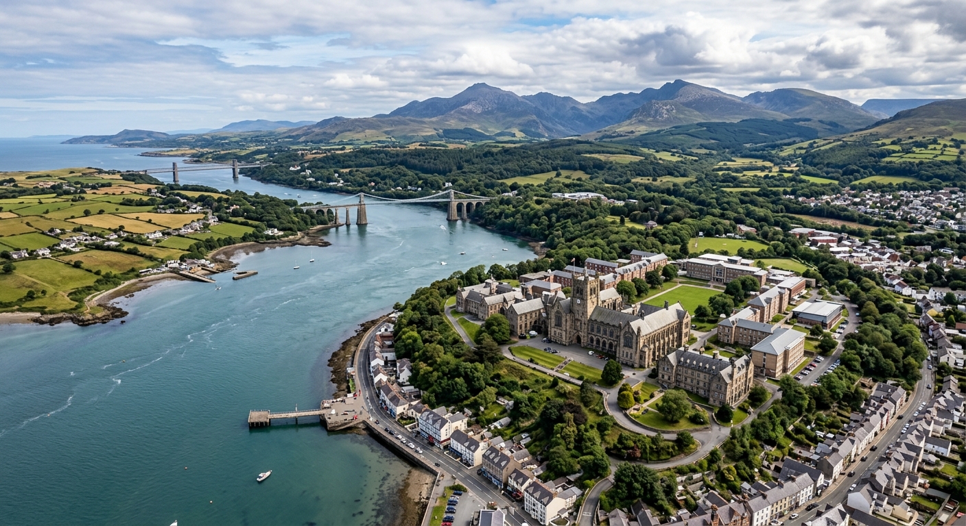 Aerial view of Bangor University campus in North Wales with the Menai Strait and Snowdonia mountains in the background, coastal landscape with dramatic seascapes and lush green environment