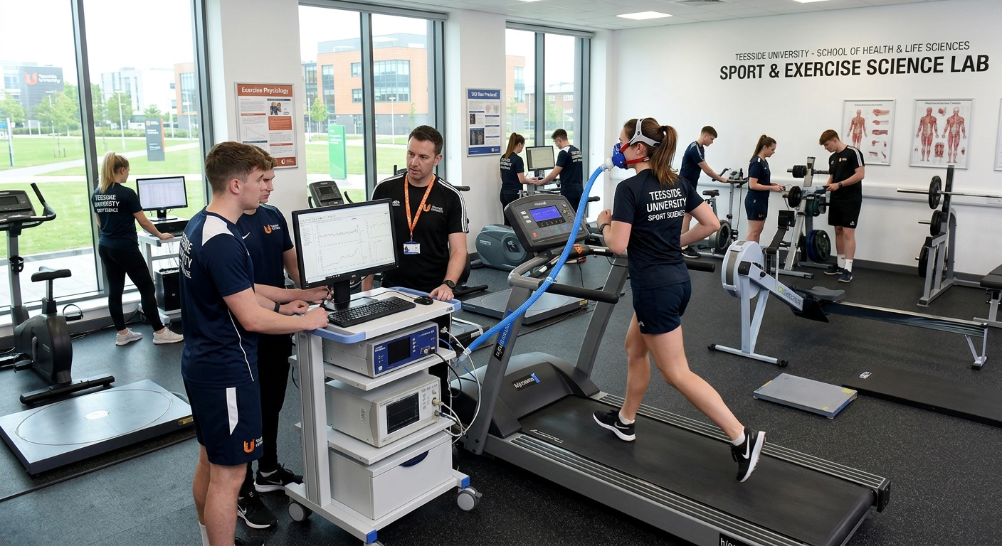 Modern sport science laboratory at Teesside University with students conducting fitness testing using treadmills and VO2 max equipment, bright lighting and professional exercise physiology setup in Middlesbrough campus