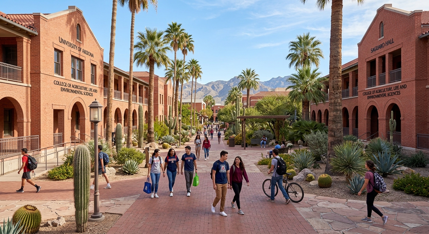 University of Arizona campus in Tucson with red brick buildings, desert landscaping, palm trees, and students walking through the sunny courtyard of the College of Agriculture, Life and Environmental Sciences