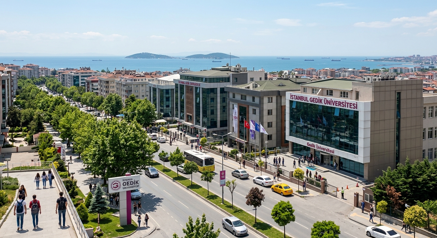Istanbul Gedik University main campus in Kartal district, modern multi-story academic buildings along a tree-lined boulevard, Asian side of Istanbul, Marmara Sea visible in the distance, bright daylight