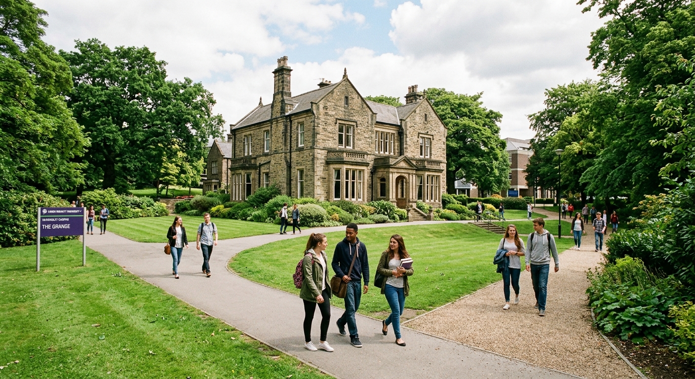 Leeds Beckett Headingley Campus, historic Grange building surrounded by green parkland, mature trees, students walking on pathways