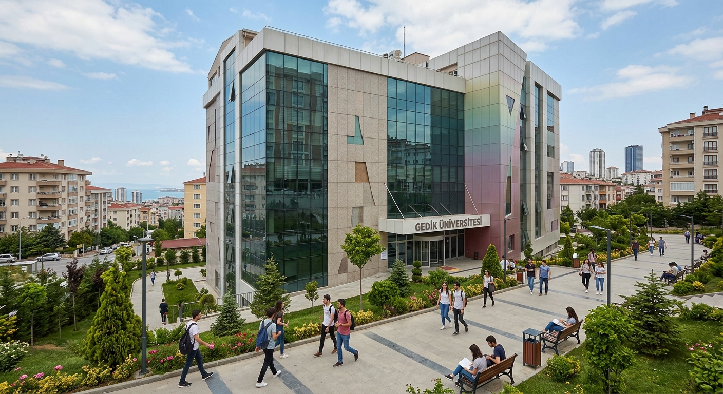 Istanbul Gedik University Kartal main campus building, modern facade with glass windows, students walking on pathways, green landscaping, urban Istanbul setting