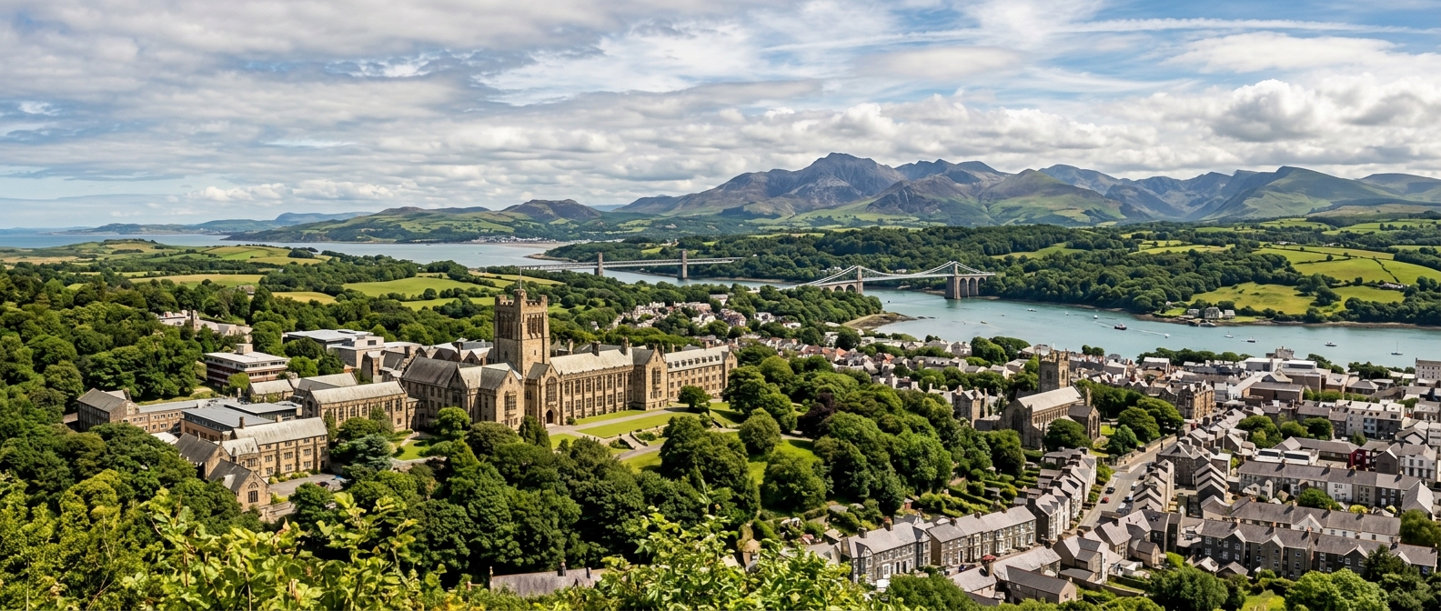 Panoramic view of Bangor University campus in North Wales with Snowdonia mountains in the background, lush green landscape, historic university buildings, and the Menai Strait visible in the distance under a partly cloudy sky