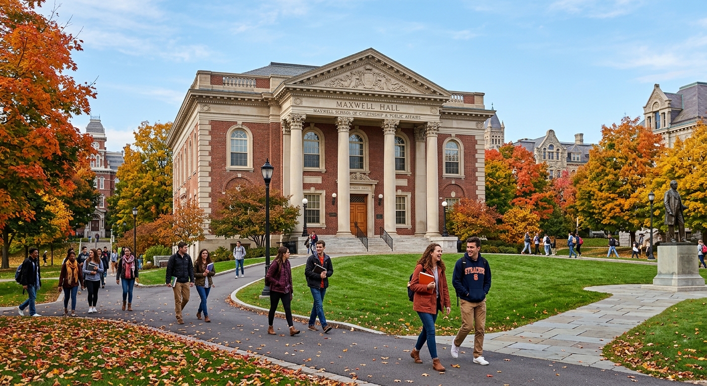 Syracuse University Maxwell School of Citizenship and Public Affairs building exterior with classical architecture, green campus lawn, students walking on pathways, autumn foliage in Syracuse New York