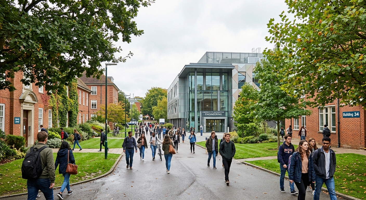 University of Southampton Highfield Campus with modern engineering building, students walking along tree-lined paths, red brick architecture blending with contemporary glass structures, bright overcast English sky