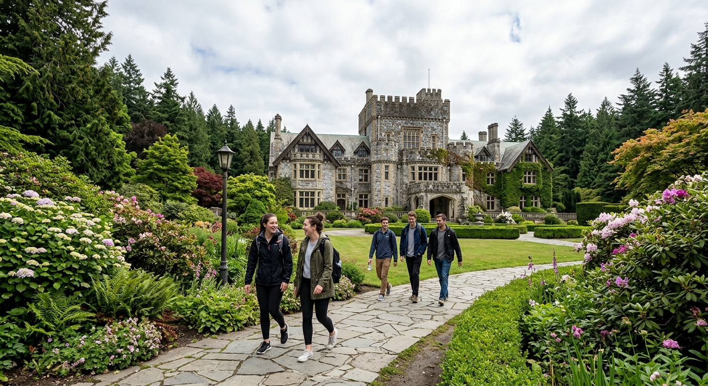 Historic Hatley Castle surrounded by lush gardens and Pacific Northwest forest on Vancouver Island, students walking along stone pathways with the castle's Scottish baronial architecture in the background, bright overcast sky typical of British Columbia