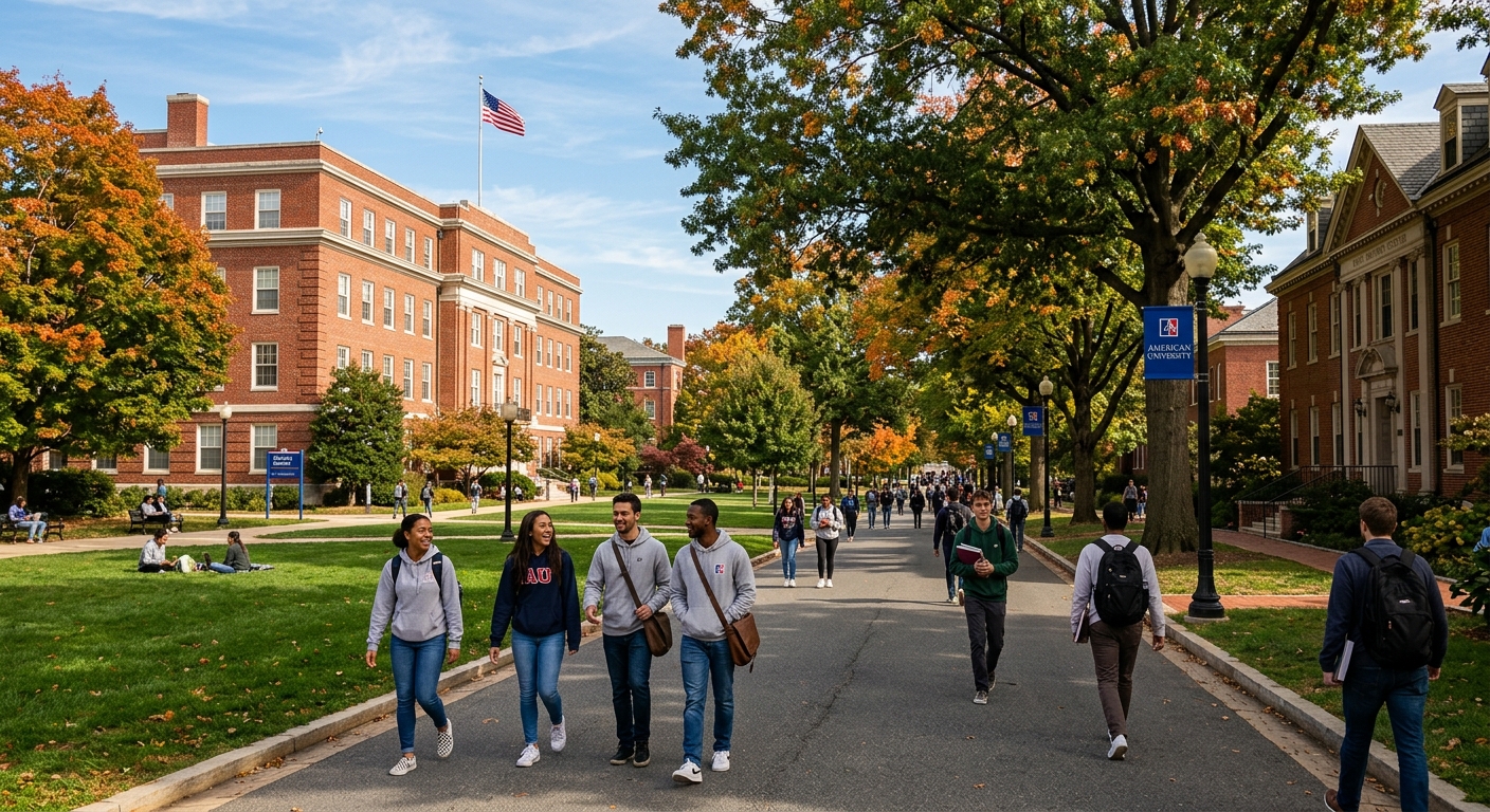American University campus in Washington DC with red brick buildings, green lawns, and students walking along tree-lined pathways on a sunny day