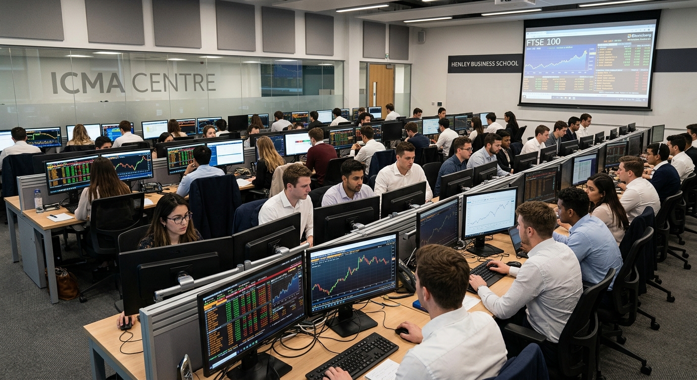 ICMA Centre dealing room at Henley Business School, rows of Bloomberg terminals and trading screens, students analysing financial data, modern technology lab