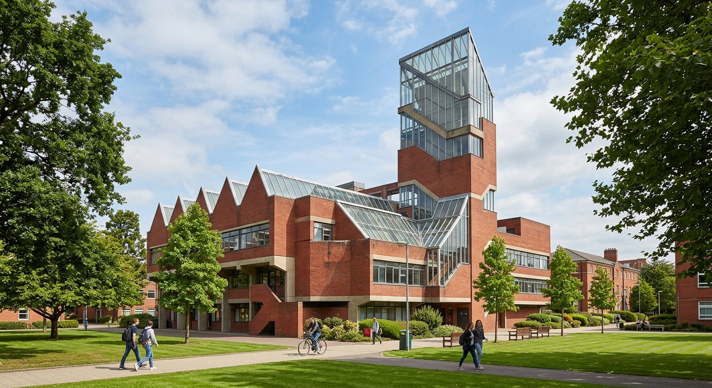 Iconic Engineering Building at University of Leicester designed by James Stirling, red brick and glass modernist architecture, distinctive angular tower, green campus grounds