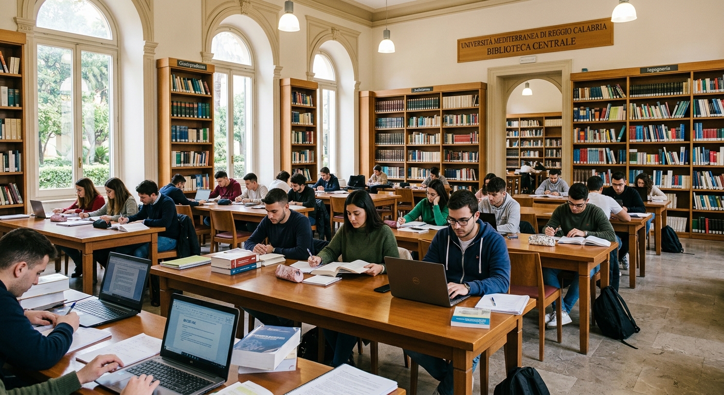 University library reading room at Mediterranea University Reggio Calabria, students studying at desks, bookshelves filled with academic volumes, quiet study atmosphere