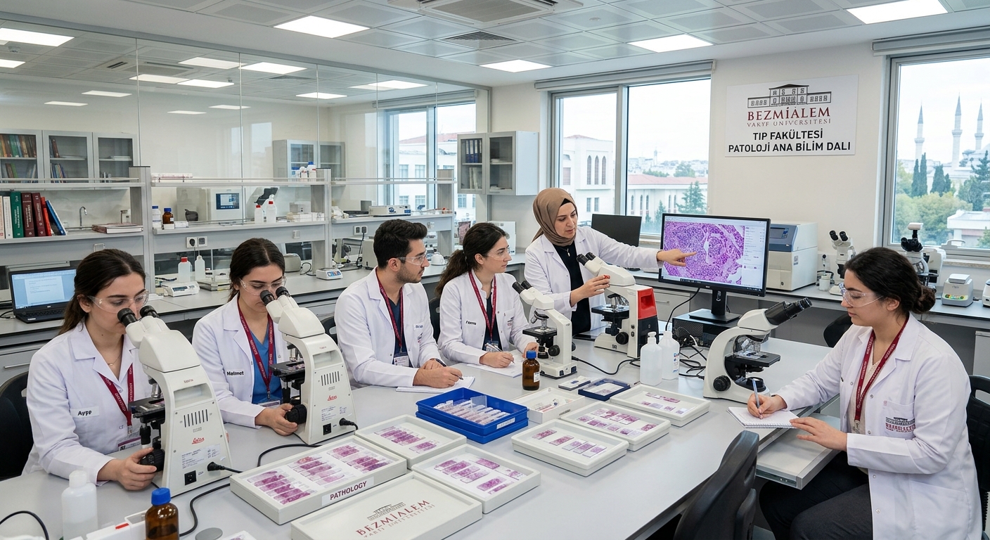 Modern pathology laboratory with microscopes and tissue sample slides, students in white lab coats examining specimens under supervision, bright clinical lighting at Bezmialem Vakıf University Istanbul campus