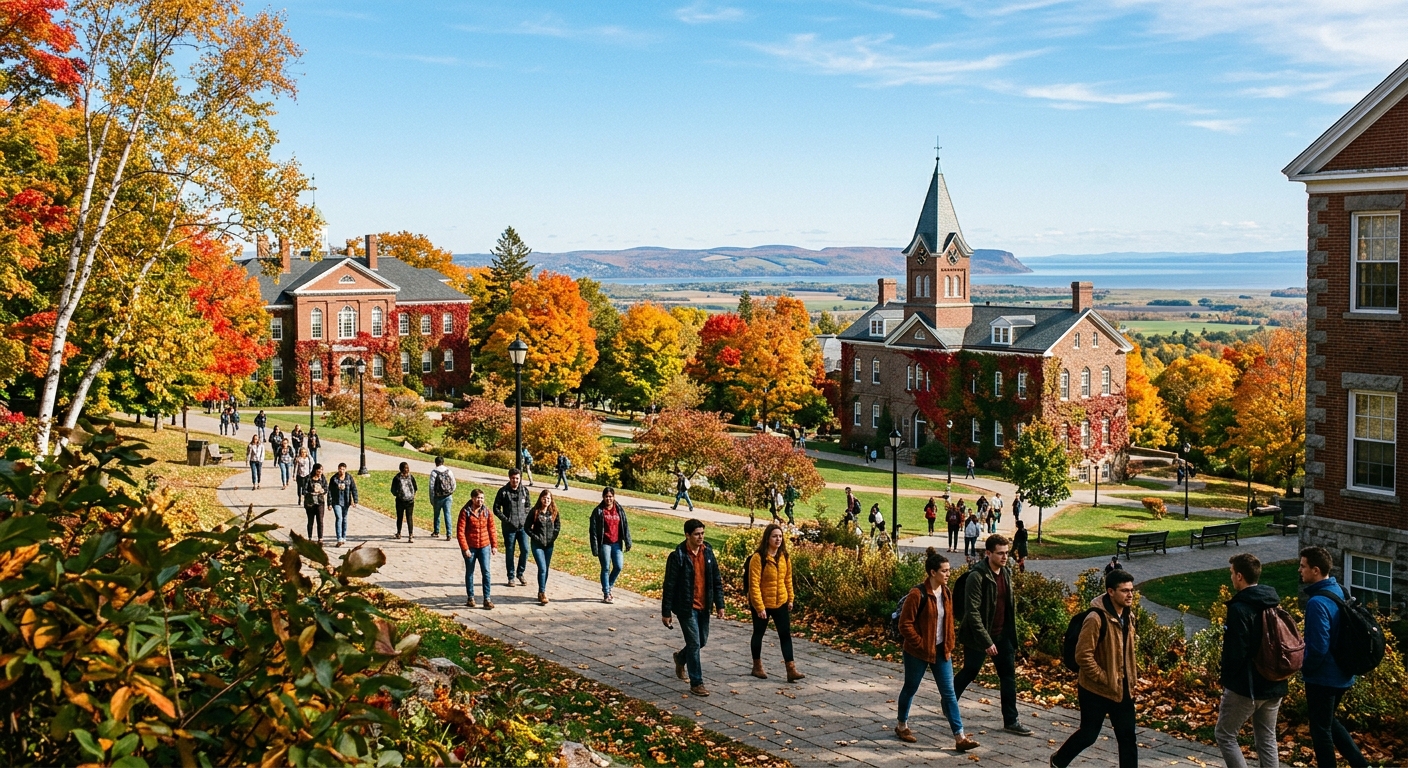 Acadia University campus in Wolfville Nova Scotia, historic brick buildings surrounded by lush green trees, students walking on pathways with the Annapolis Valley in the background, autumn foliage, clear blue sky