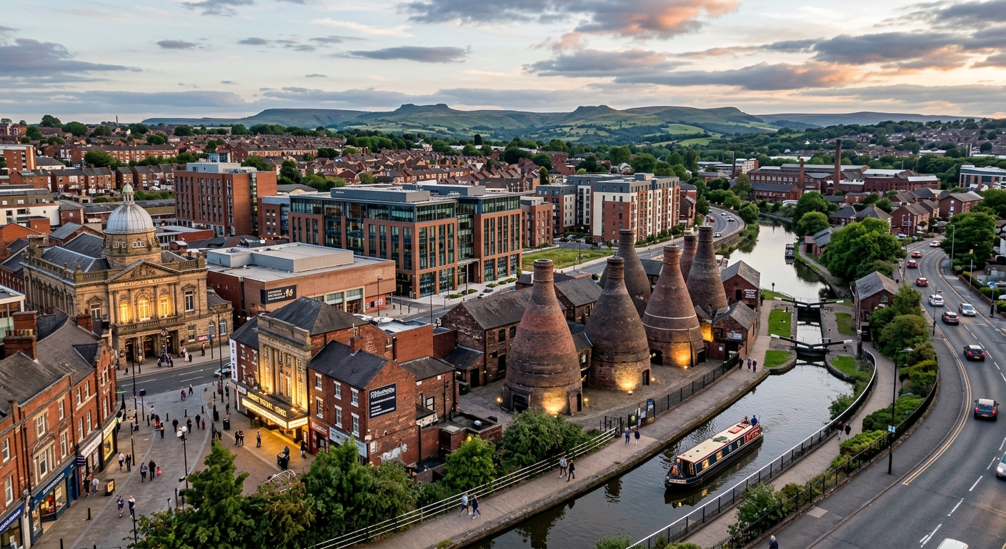 Stoke-on-Trent cityscape showing the Cultural Quarter, historic pottery bottle kilns, canal-side walkways, modern developments alongside heritage architecture, green Peak District hills visible in distance